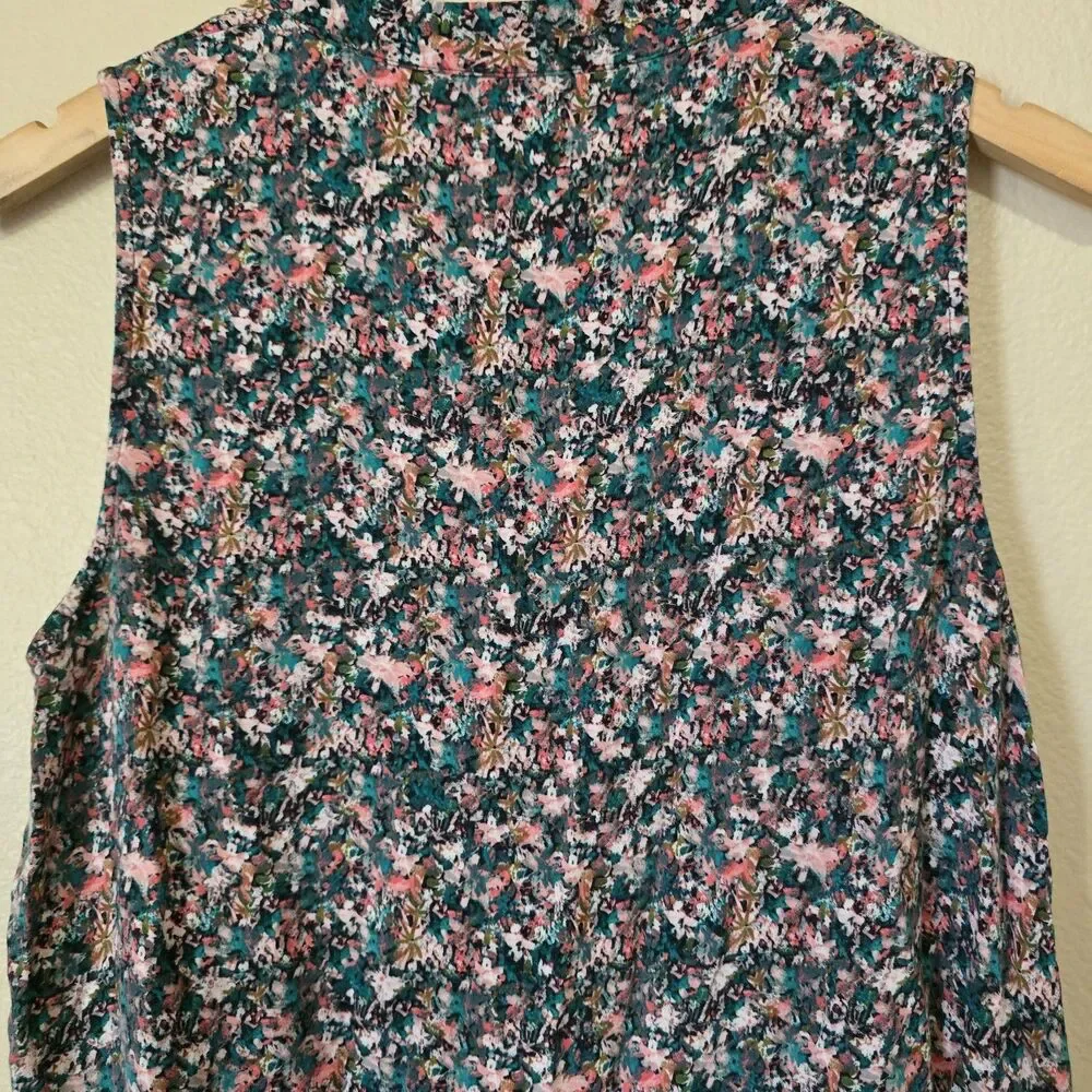 Nine West Floral Tiered Mini Dress Sleeveless V-Neck Pink Teal Black Women's Lrg